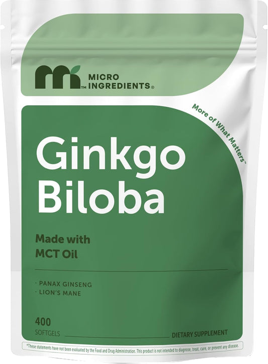Micro Ingredients Ginkgo Biloba 120 mg Per Serving, 400 Softgels | 3-in-1 with Panax Ginseng & Lion’s Mane | Herbal Mushroom Blend | Made with MCT Oil | Non-GMO