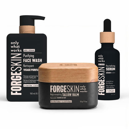 Forge Skin® Men's Daily Anti-Aging Face Care Routine | Beef Tallow Balm Moisturizer + Nourishing Cleanser Exfoliating Face Wash + Radiance & Hydration Wrinkle Defense Serum Skincare Bundle