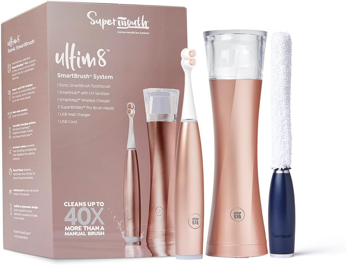 SuperMouth ULTIM8 Bundle - SmartBrush Electric Toothbrush+ SmartHub UV Sanitizer & Dryer + HubMate Microfiber Cleaning Tool - SuperBristles Clean 40X Better - Hygienic Maintenance Kit - Rose Gold