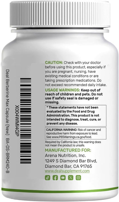 DEAL SUPPLEMENT Berberine Max Supplement with Turmeric, 5000 mg** Per Serving, 240 Vegetarian Capsules | Berberine HCl with Turmeric Root Extract | Non-GMO
