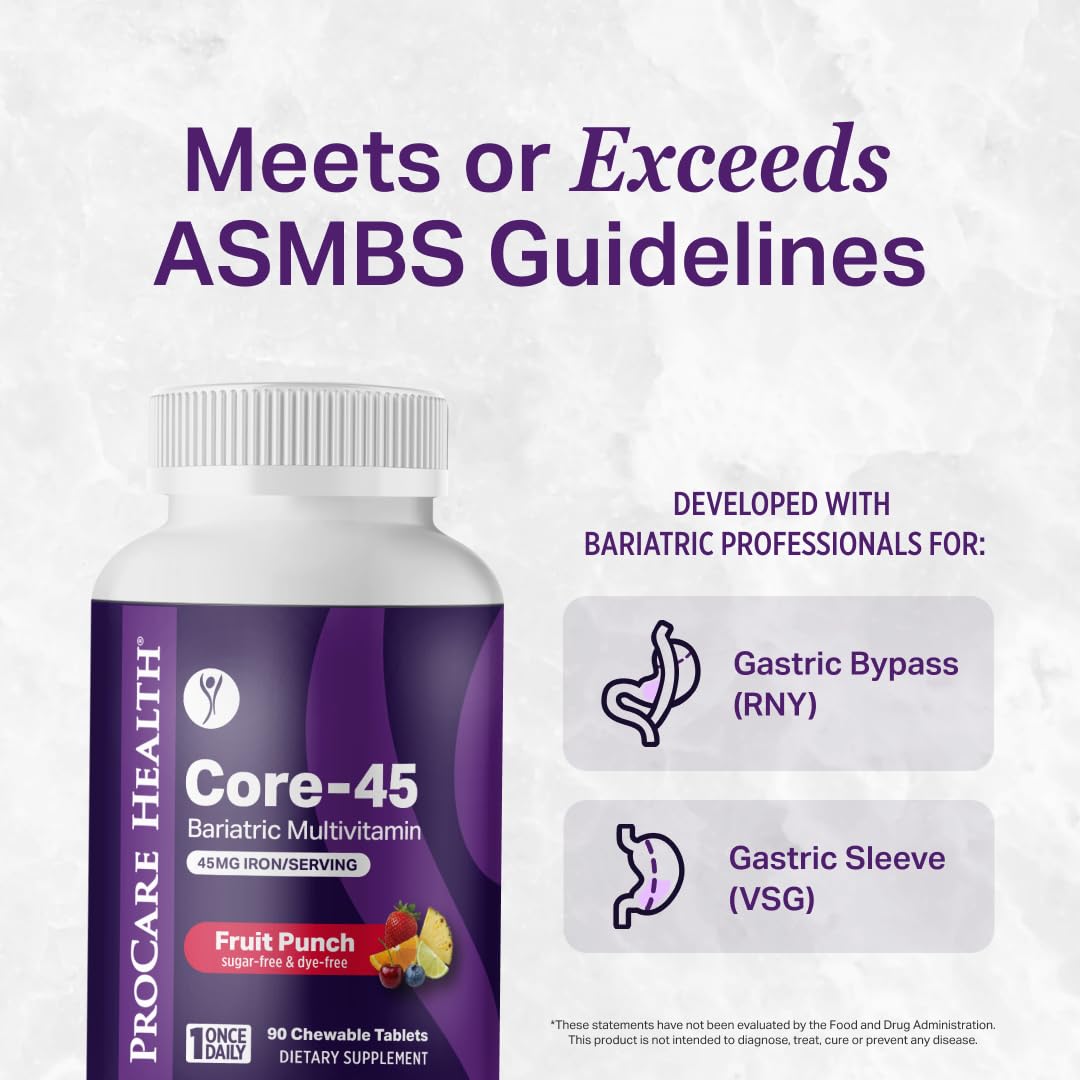 Core-45 Bariatric Multivitamin | Fruit Punch | Chewable | 90ct | Once Daily Bariatric Multivitamin with Iron 45mg Chewable Tablets for Gastric Bypass, Sleeve & Post-Op Support - Made in USA