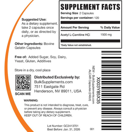 BulkSupplements.com Acetyl L-Carnitine Capsules - ALCAR HCl, Carnitine Supplement - ALCAR Capsules, Acetyl L-Carnitine 1500mg - Gluten Free, 2 Capsules per Serving, 240 Capsules