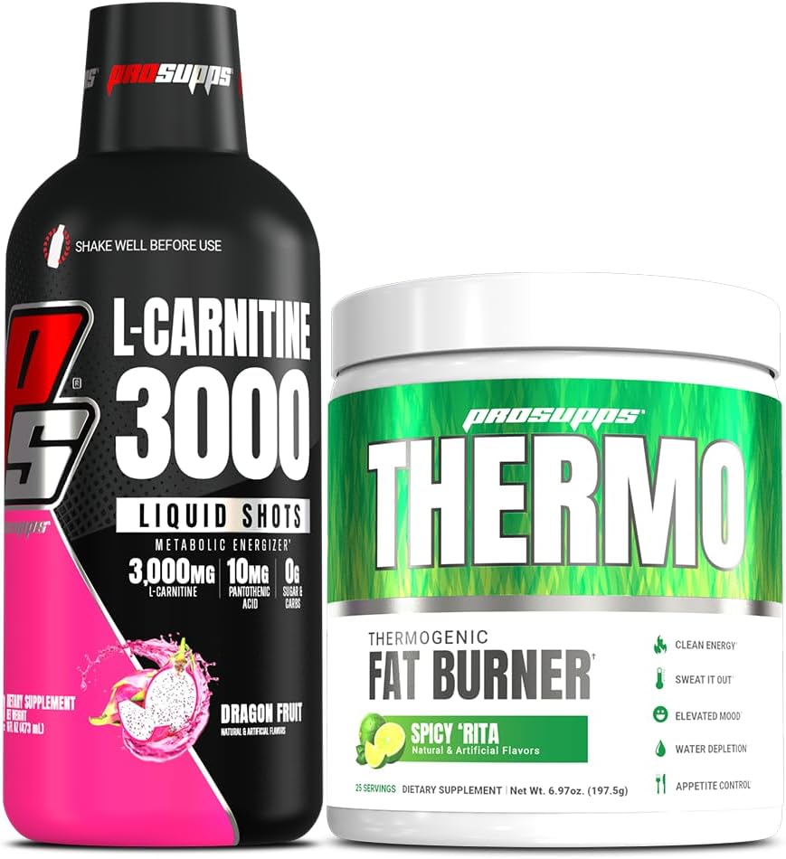 ProSupps L-Carnitine 3000 Stimulant Free Liquid Shots (31 Servings, Dragon Fruit) and Thermo Fat Burning Thermogenic Powder (25 Servings, Spicy 'Rita) Bundle