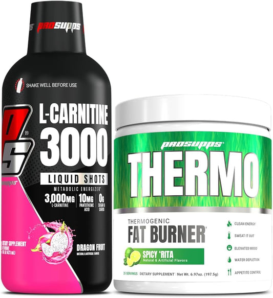 ProSupps L-Carnitine 3000 Stimulant Free Liquid Shots (31 Servings, Dragon Fruit) and Thermo Fat Burning Thermogenic Powder (25 Servings, Spicy 'Rita) Bundle