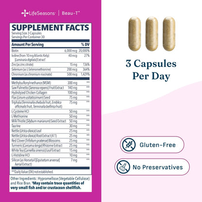 LifeSeasons Beau-T - Hair, Nail & Skincare Supplement - Promotes Healthy Hair and Nail Growth - Support Clear Skin & Fights Acne - Nail Strengthener - Contains Biotin Collagen Turmeric - 90 Capsules