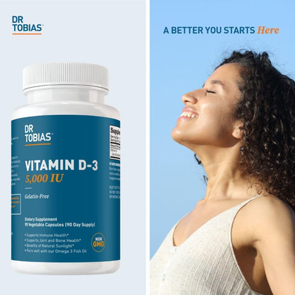 Dr. Tobias Vitamin D3 5000 IU 90 Capsules | Extra Strength Vitamin D | Bone, Teeth & Immune Support | 5,000 IU Vitamin D3 | Gelatin-Free & Non-GMO | 90 Servings
