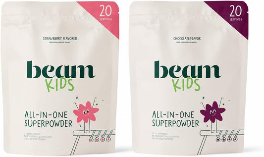 BEAM Kids Bundle, Chocolate and Strawberry Milk Flavor, Multivitamin Powder – Kids Vitamins with Greens, Probiotic & Prebiotic, Immune Support for Children & Toddlers, No Artificial Sweeteners