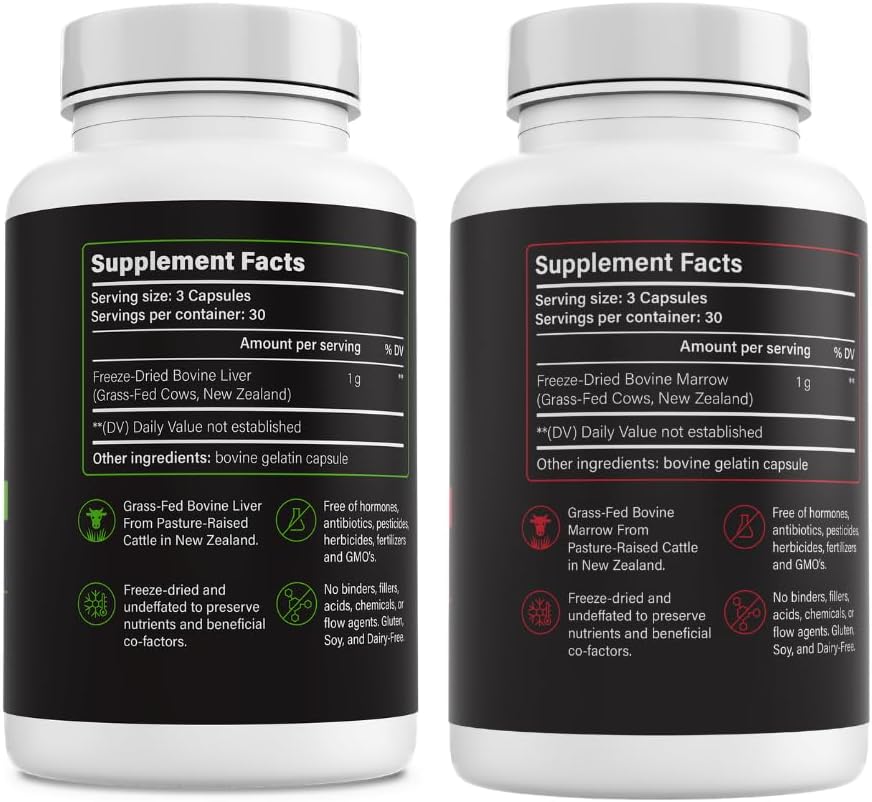 Beef Liver & Beef Bone Marrow Supplement Bundle, Grass Fed Freeze-Dried Organ Capsules with Heme Iron, Vitamin A, B12, Vitamin K2, Healthy Fats & Collagen, Whole Food Ancestral Support, 2 x 90 Count