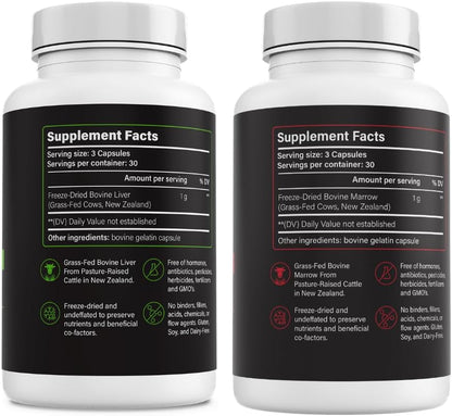 Beef Liver & Beef Bone Marrow Supplement Bundle, Grass Fed Freeze-Dried Organ Capsules with Heme Iron, Vitamin A, B12, Vitamin K2, Healthy Fats & Collagen, Whole Food Ancestral Support, 2 x 90 Count