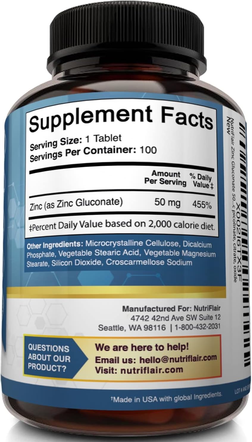 NutriFlair Zinc Gluconate 50mg, 100 Tablets - High Potency Immune System Booster Supplement Pills, Immunity Defense, Powerful Natural Antioxidant, Non-GMO, Compare with zinc picolinate, citrate, oxide