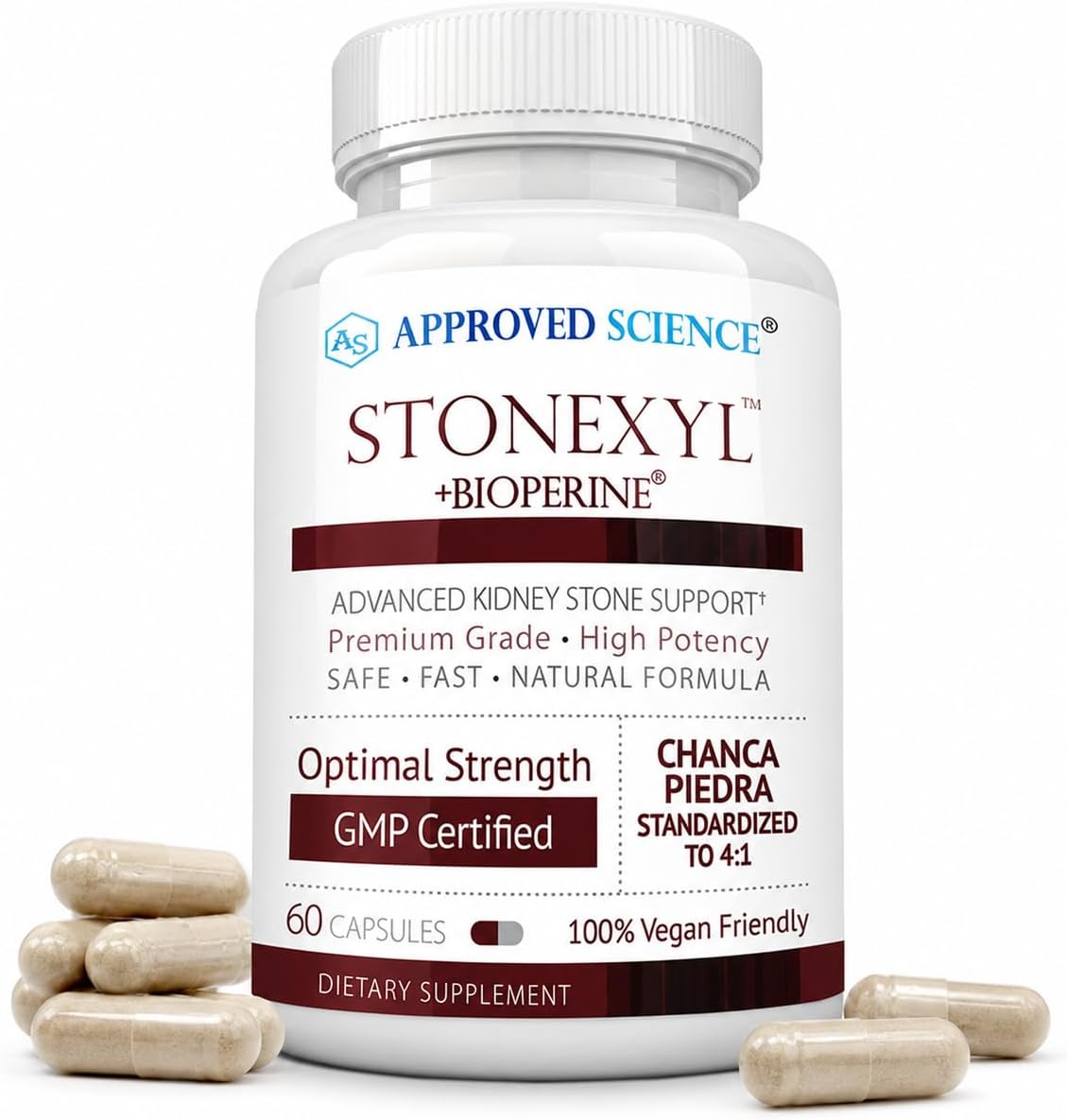 Approved Science Stonexyl - Herbal Support for Kidney Stones - 60 Capsules - Chanca Piedra - High Absorption -1 Month Supply - Vegan