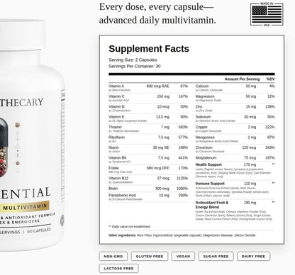 The Essential - Daily Multivitamin for Men & Women, 23 Vitamins Minerals & Herbal Blend, Immune Support, 60 Capsules, 30 Servings, Non-GMO, Gluten Free, Made in USA