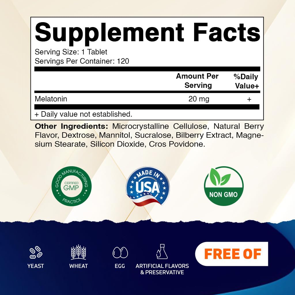 Vitamatic Melatonin 20 mg Fast Dissolve Tablets, 120 Count, Made in USA | Support Restful Sleep & Healthy Sleep Cycles*, Non GMO, Gluten Free