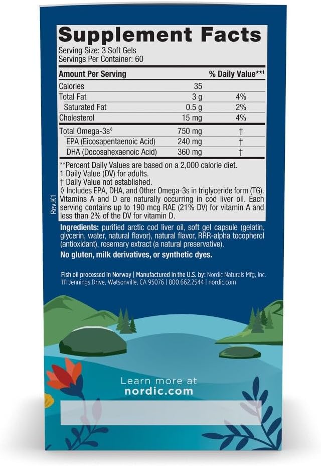 Nordic Naturals Arctic Cod Liver Oil, Lemon - 180 Soft Gels - 750 mg Total Omega-3s with EPA & DHA - Heart & Brain Health, Healthy Immunity, Overall Wellness - Non-GMO - 60 Servings | 750mg Total Omega-3s per serving. Heart & brain health, immunity suppor