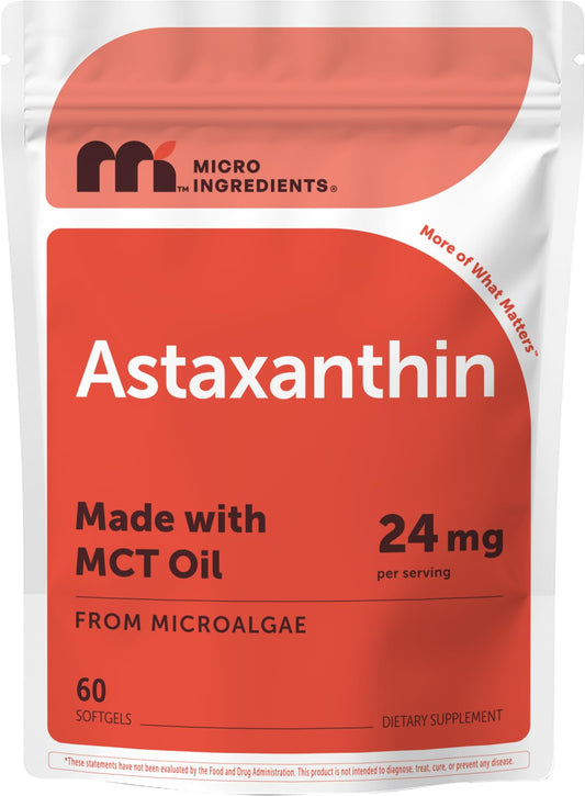 Micro Ingredients Astaxanthin 24mg with MCT Oil, 60 Softgels, 2 Month Supply | Max Strength Astaxanthin Antioxidant Supplements | Fresh Microalgae Source | Non-GMO, Gluten Free, No Soy