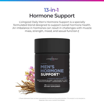 Livingood Daily Men's Hormone Support Supplement for Vitality & Balance, 14-in-1 Testosterone Booster for Men with Ashwagandha, Maca, DIM, Zinc, Saw Palmetto, Vitamin B12 & More, Vegan, 120 Capsules