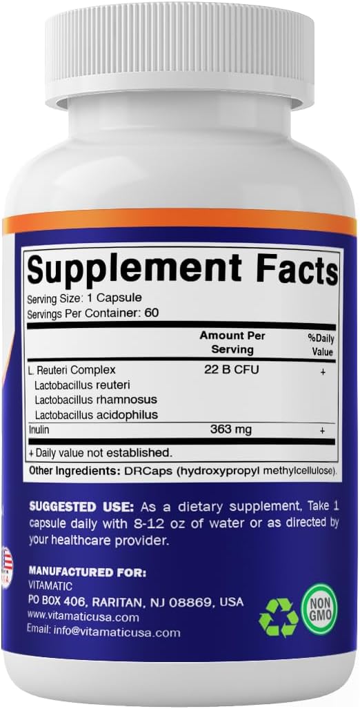 Vitamatic Lactobacillus Reuteri Complex – 22 Billion CFU per Delayed Release Capsule – 60 Capsules – Digestive & Gut Health Support – with Prebiotic Inulin Fiber