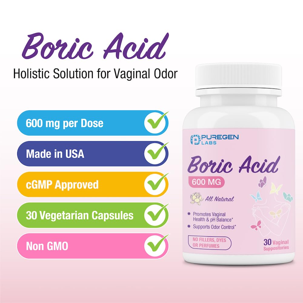 Puregen Labs Boric Acid 600 mg Vaginal Suppositories - 100% Pure | All Natural Without Dyes or Fillers