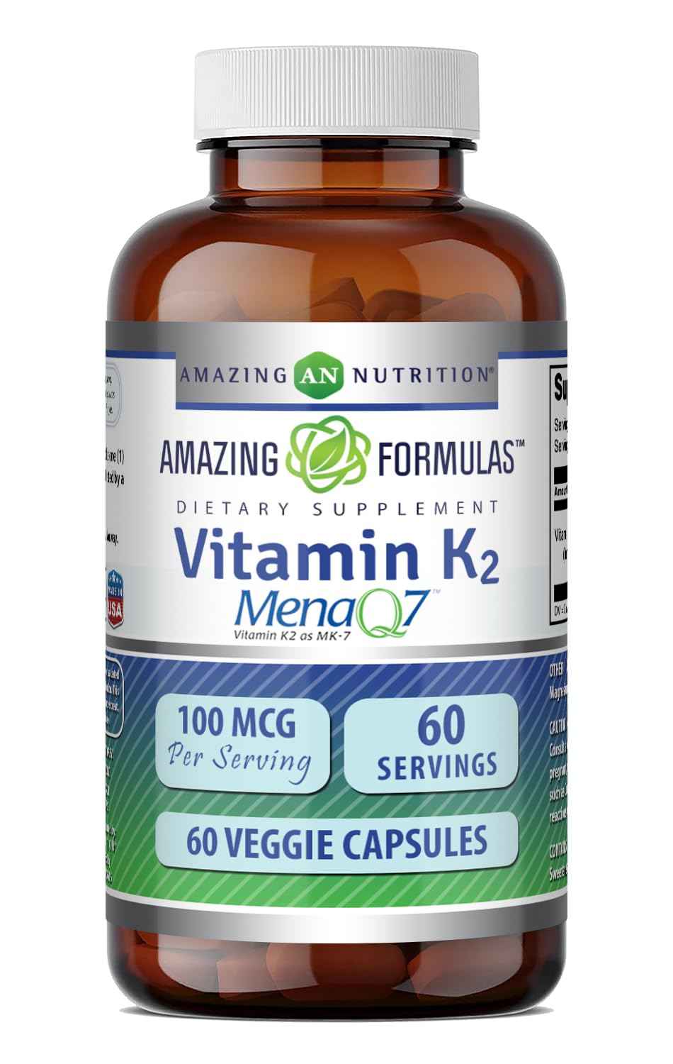 Amazing Formulas Vitamin K2 Menaq7 MK7 Supplement | 100 Mcg | Veggie Capsules | Non-GMO | Gluten Free | Made in USA (1 Pack, 120 Count)