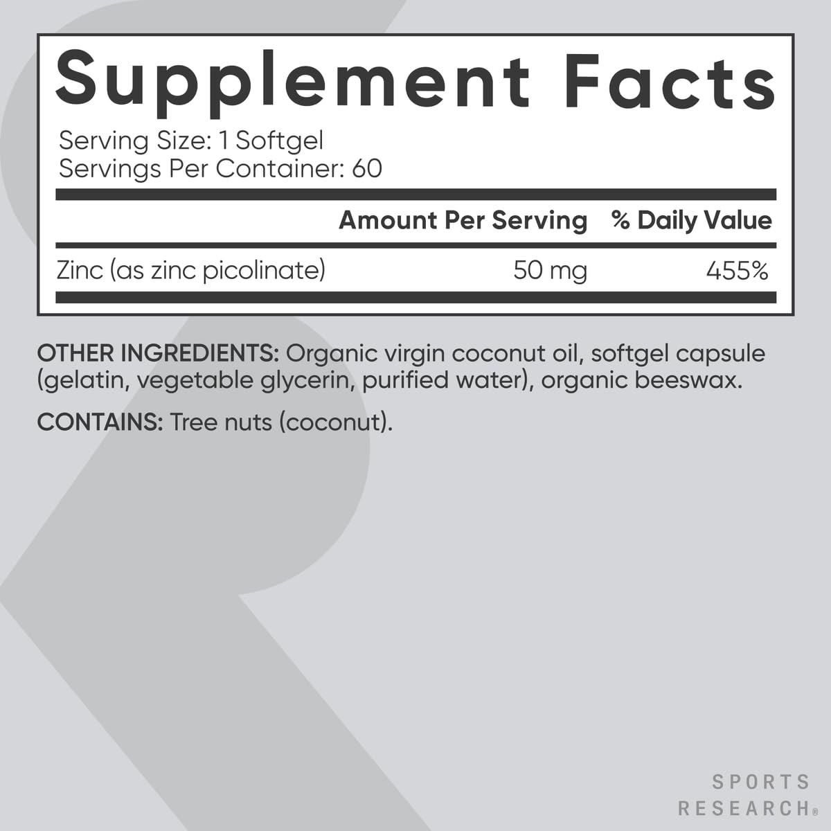 Sports Research High Potency Zinc Picolinate 30mg with Organic Coconut Oil | Highly Absorbable Zinc Supplement for Healthy Immune & Enzyme Function - Non-GMO Tested & Gluten-Free (90 Liquid Softgels)