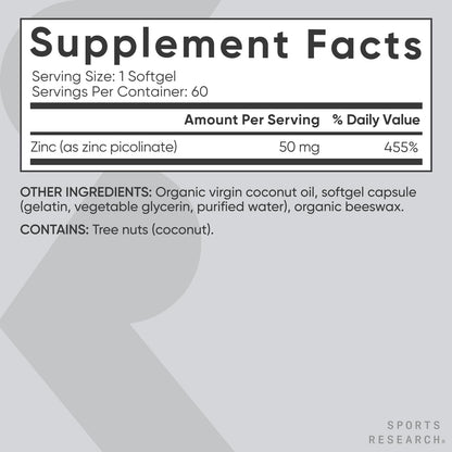 Sports Research High Potency Zinc Picolinate 30mg with Organic Coconut Oil | Highly Absorbable Zinc Supplement for Healthy Immune & Enzyme Function - Non-GMO Tested & Gluten-Free (90 Liquid Softgels)