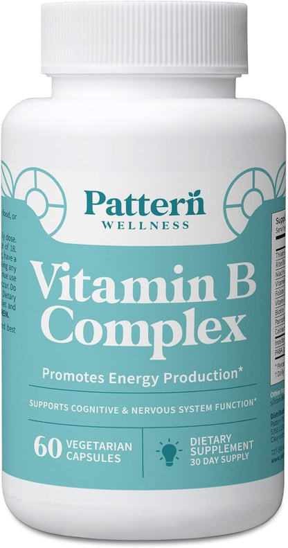 Pattern Wellness Vitamin B Complex Supplement - Comprehensive Blend of Essential B Vitamins - Supports Energy, Cognitive & Cellular Health - 3rd Party Lab Tested - 60 Capsules