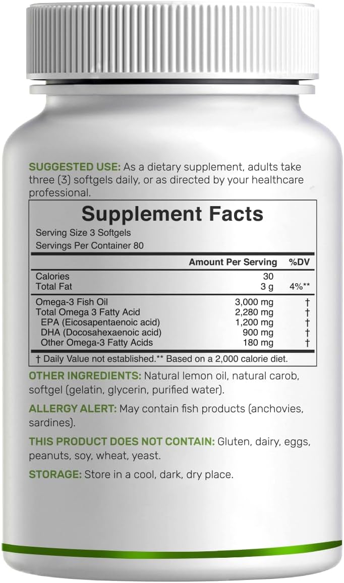 DEAL SUPPLEMENT Omega 3 Fish Oil Supplements, 3,000mg Per Serving, 240 Softgels – EPA 1,200mg + DHA 900mg – Burpless Pills, Lemon Flavored, Wild Caught – Brain & Heart Support – Mercury Free, Non-GMO