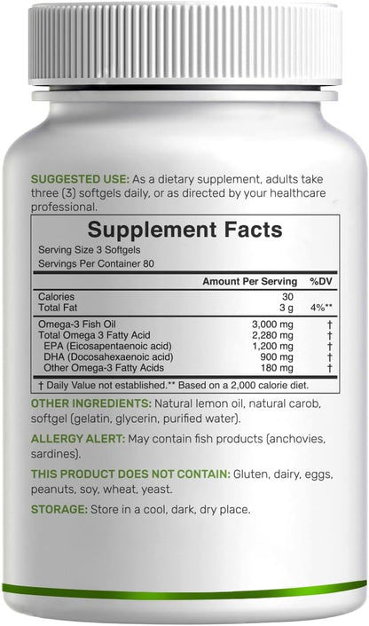 DEAL SUPPLEMENT Omega 3 Fish Oil Supplements, 3,000mg Per Serving, 240 Softgels – EPA 1,200mg + DHA 900mg – Burpless Pills, Lemon Flavored, Wild Caught – Brain & Heart Support – Mercury Free, Non-GMO