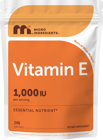 Micro Ingredients Vitamin E 1000 IU (450 mg) Per Serving, 240 Softgels | Daily Vitamin E Supplement | 4-Month Supply | Non-GMO, Gluten Free