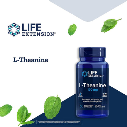 Life Extension L-Theanine, Amino Acid theanine, Calm, Relaxation, Mood, Gluten-Free, Non-GMO, Vegetarian, 200 mg, 60 Capsules | Amino Acid Theanine for Calm, Relaxation & Mood, Gluten-Free, Non-GMO & Vegetarian, 100 mg, 60 Capsules