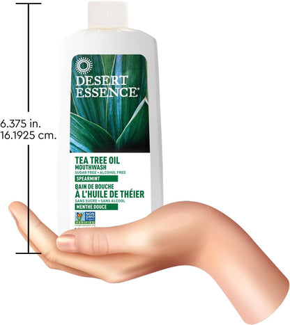 Desert Essence Alcohol-Free Mouthwash with Tea Tree Oil and Aloe, Sugar-Free, Oral Rinse to Provide Botanical Care for Teeth & Gums, Vegan, Non-GMO, SLS-Free, Gluten-Free, Spearmint Flavor, 8oz