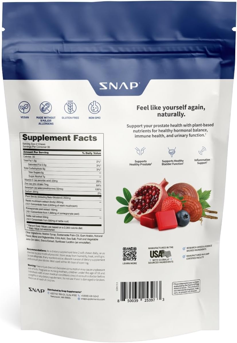 Snap Supplements Prostate Health + Nitric Oxide Bundle, 60 Soft Chews Each | Plant Sterols, Stinging Nettle Root & Reishi Mushroom + Beet Root Natural Chews, Pomegranate-Berry + Mixed Berry Flavors