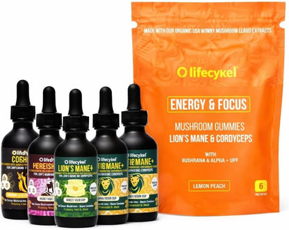 Life Cykel Premium Mushroom Extract Liquid Bundle – Lion’s Mane, Cordyceps, Reishi, Chaga, Turkey Tail & Shiitake (1oz Each) with Included Energy Gummies (10-Count), for Vitality & Mental Clarity