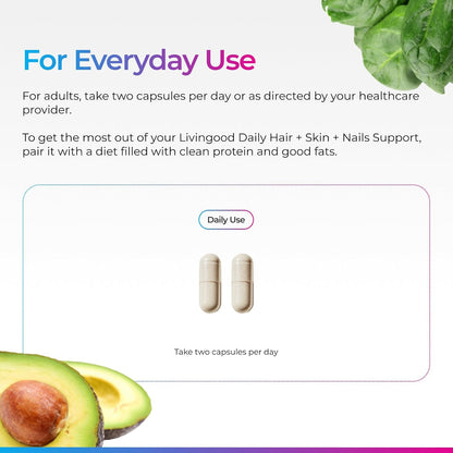 Livingood Daily Hair, Skin & Nails Supplement, 14-in-1 Formula with Biotin, Collagen, Keratin, Bamboo, Selenium, Folate, B12, Zinc and More, Beauty Supplement for Women & Men, Gluten Free, 60 Capsules