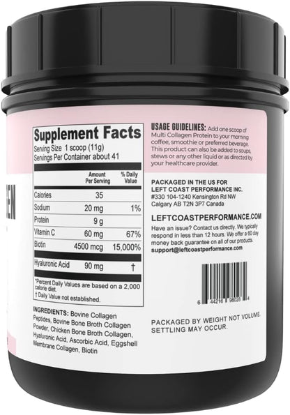 Left Coast Performance Vanilla Bone Broth and Multi Collagen Powder for Joint, Hair, Skin, and Nails Support