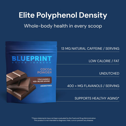 Blueprint Bryan Johnson Extra Virgin Olive Oil - Single Source, 750ml Glass Bottle + Non Dairy Cocoa Powder - 100% Pure Cocoa, (12 Ounces)
