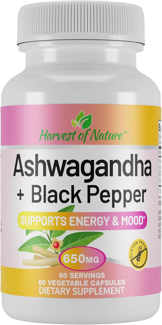 Harvest of Nature Ashwagandha & Black Pepper, 60 Capsules 1 Pack | Ashwagandha Root and Black Pepper Fruit for energy management and stress support