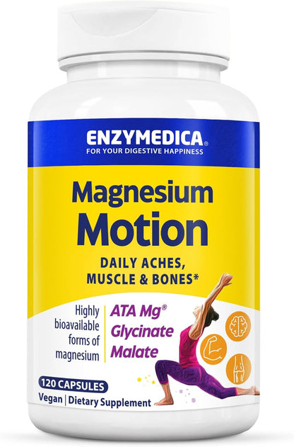 Enzymedica Magnesium Motion Supplement for Women & Men - Triple Magnesium Complex, ATA Mg, Malate & Glycinate, Muscle & Bone Health Support Capsules, High Bioavailability, Vegan, Gluten Free- 120 Caps