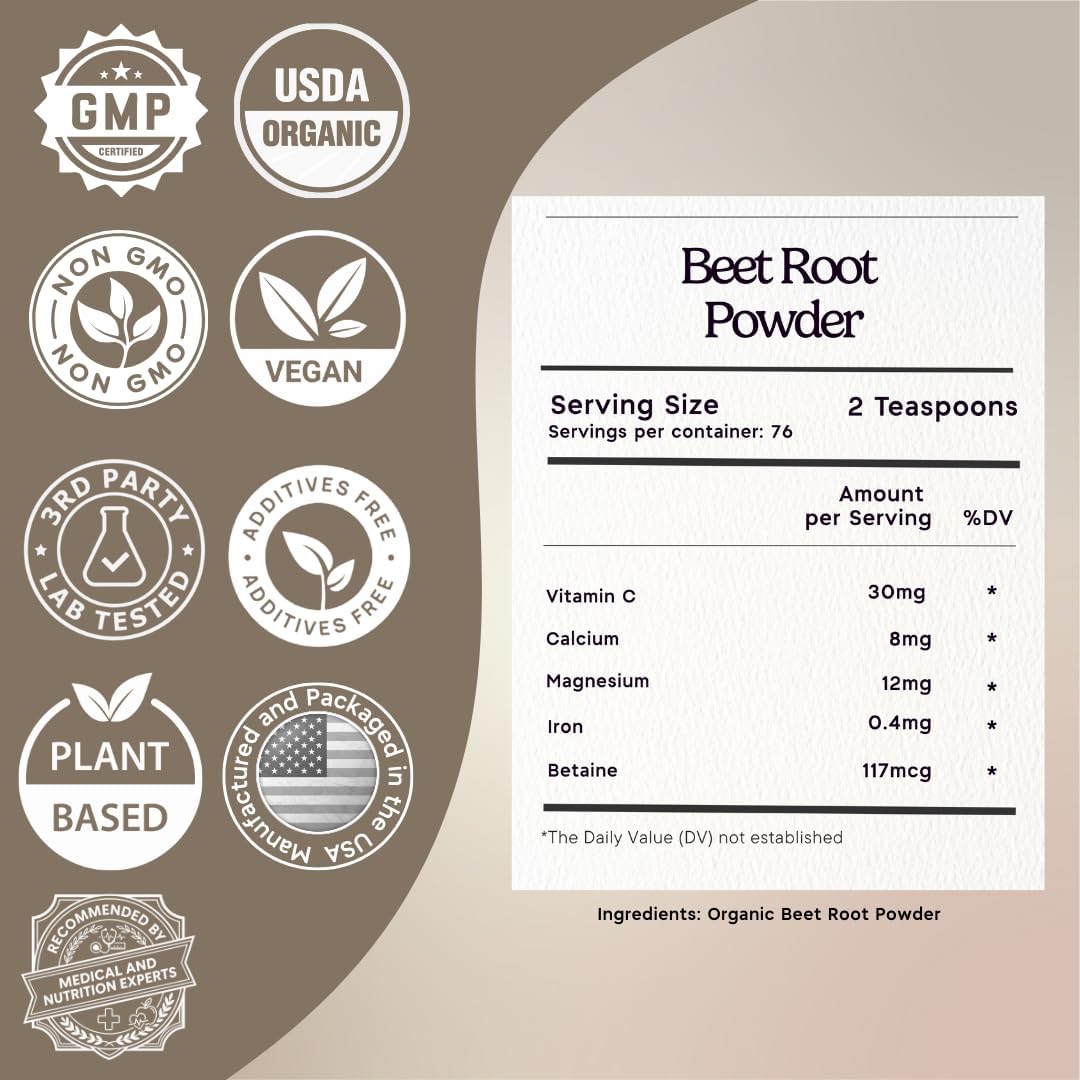 1 lb. Premium Organic Beetroot Powder. 100% USDA Certified. More Fiber and Less Sugar Than Beet Juice. All Natural Energy Boost, Supports Healthy Liver and Heart. Made in USA.