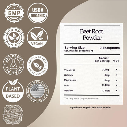 1 lb. Premium Organic Beetroot Powder. 100% USDA Certified. More Fiber and Less Sugar Than Beet Juice. All Natural Energy Boost, Supports Healthy Liver and Heart. Made in USA.