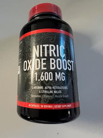 Nitric Oxide Booster Supplement, 1600mg Extra Strength L-Arginine, Citrulline Malate, and Alpha-Ketoglutarate (60 Count, 1 Bottle)