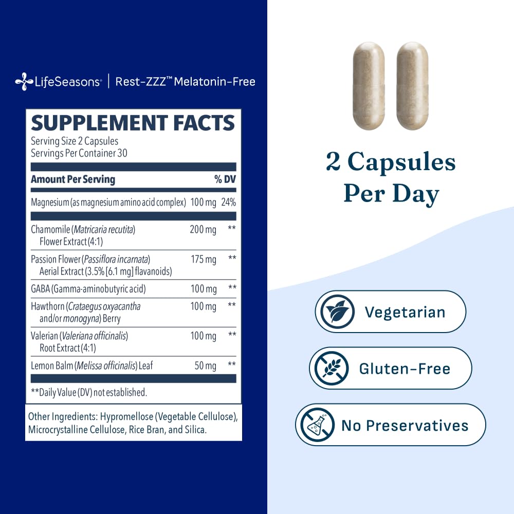 LifeSeasons Rest-ZZZ - Natural Sleep Support Supplement - Fall Asleep & Stay Asleep - Calms Nervous System - Ease Muscle Tension & Restlessness - Low Dose Melatonin GABA & Chamomile - 60 Capsules