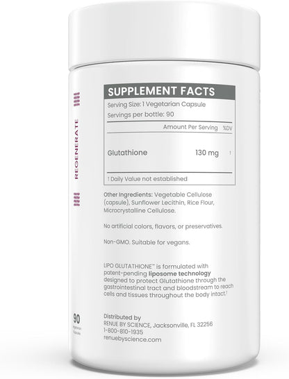 Renue By Science Glutathione | High Strength Supplement | 90 Liposomal Capsules - 130mg Glutathione per Serving | | Non-GMO | Made in The USA & Third-Party Tested