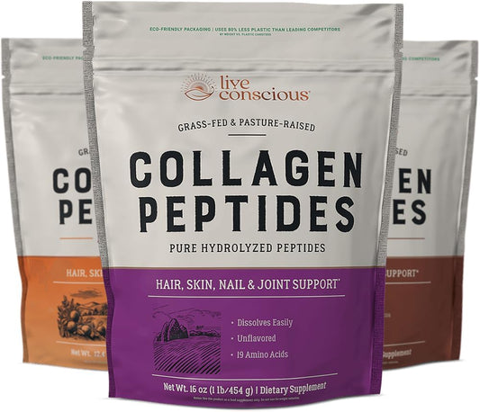Live Conscious Collagen Peptides Flavor Bundle - Unflavored, Chocolate, Peach Mango Flavored Collagen Powder - Hair, Skin, Nail, & Joint Support - Type I & III Collagen Supplements for Women & Men
