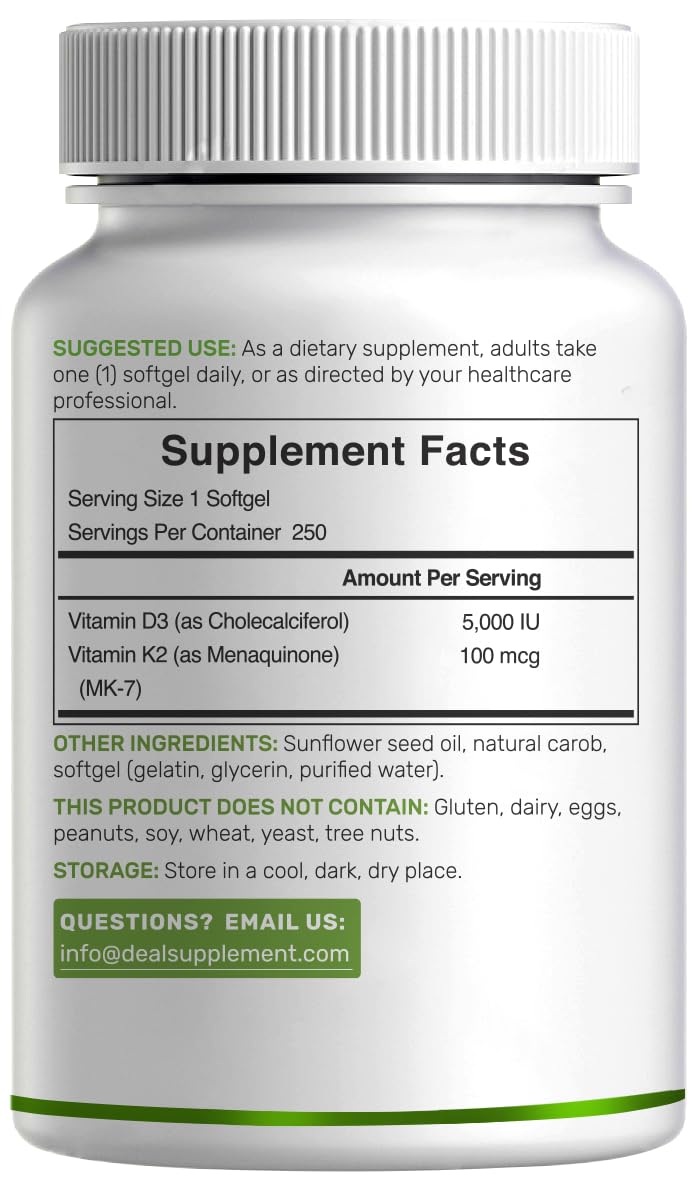 DEAL SUPPLEMENT Vitamin D3 5,000 IU + K2 MK7 Softgels, 250 Count | 2-in-1 Complex | Easy to Swallow