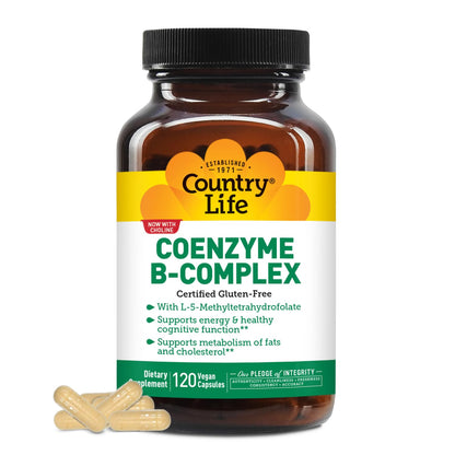 Country Life Coenzyme B-Complex, 120 Capsules | Supports Energy & Metabolism, Mood & Cognitive Function, Vegan, Gluten-Free, Bioavailable B Vitamins with Choline
