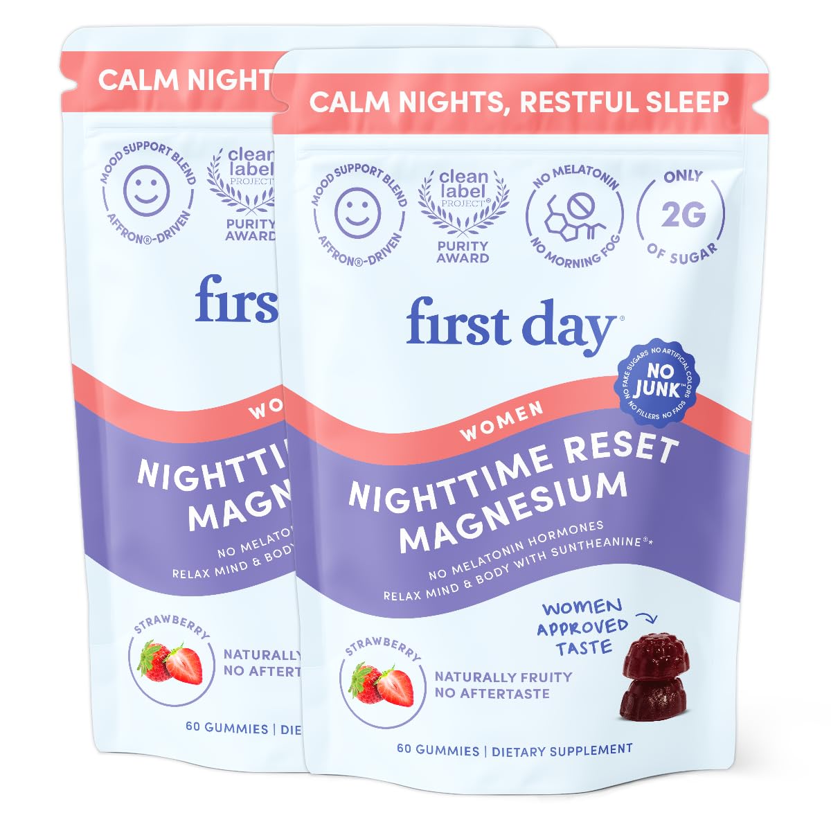 FIRST DAY Magnesium Gummies for Women, L-Theanine, Melatonin-Free, 60ct | Vegan strawberry Magnesium for Women, citrate, L-theanine and Zembrin; melatonin-free nighttime relaxation support.