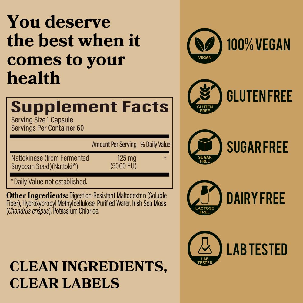 DAIKEN Nattokinase 5,000 FU, High Potency Nattokinase Supplement, Non-GMO & Vegan, Lab Tested, 60 Capsules
