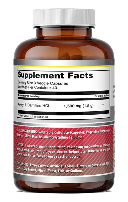 Amazing Formulas Acetyl L-Carnitine | 1500 per Serving Supplement | Vegetarian Capsules | Non-GMO | Gluten-Free | Made in USA (1 Pack | 120 Count)