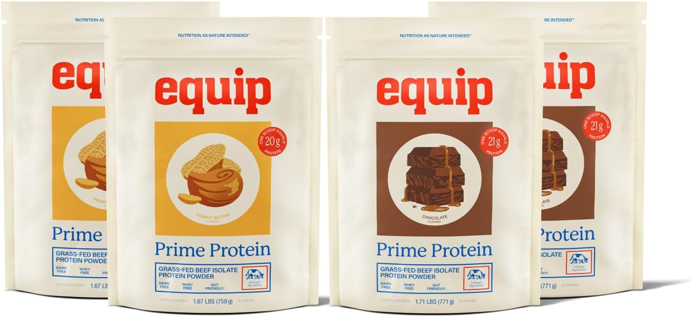 Equip Foods Peanut Butter (x2) & Chocolate (x2) Prime Protein Powder - Grass-Fed Isolate Beef Protein Powder - Paleo and Gluten Free - Helps Build and Repair Tissue